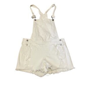 Hollister White Distressed Denim Boyfriend Short Overalls Size Small EUC